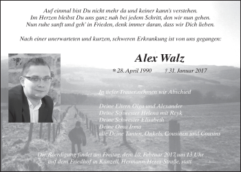 Traueranzeige von Alex Walz 