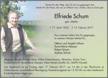 Traueranzeige von Elfriede Schum 