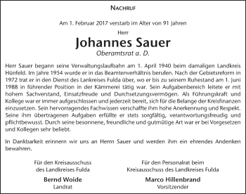 Traueranzeige von Hans Sauer 