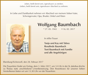 Traueranzeige von Wolfgang Baumbach 