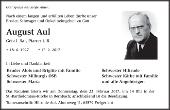 Traueranzeige von August Aul 