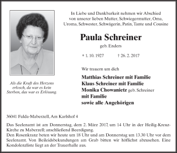 Traueranzeige von Paula Schreiner 