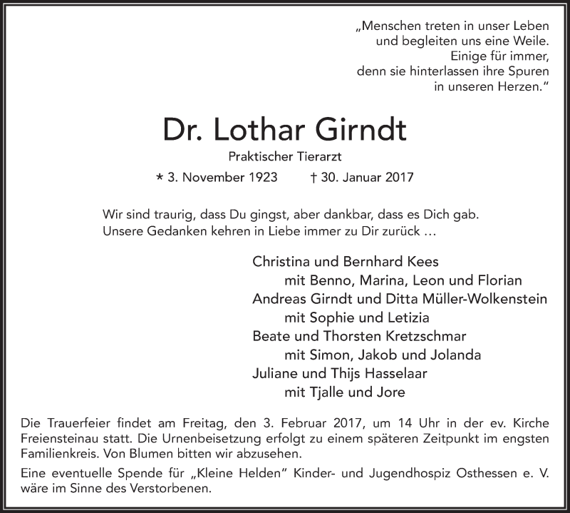  Traueranzeige für Lothar Girndt vom 02.02.2017 aus 