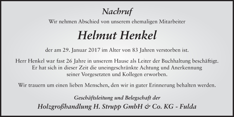  Traueranzeige für Helmut Henkel vom 02.02.2017 aus 