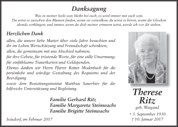 Traueranzeige von Therese Ritz 