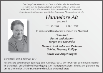 Traueranzeige von Hannelore Alt 