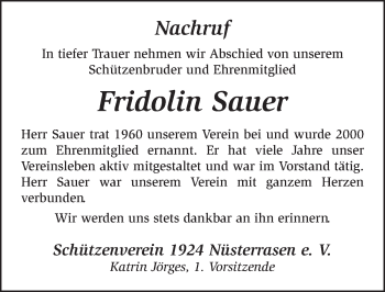 Traueranzeige von Fridolin Sauer 
