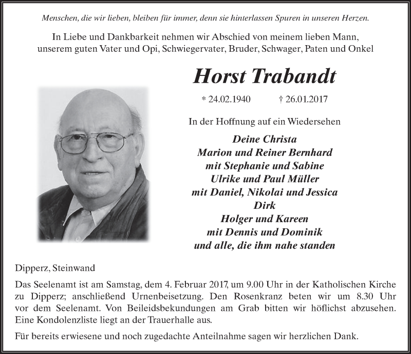  Traueranzeige für Horst Trabandt vom 01.02.2017 aus 