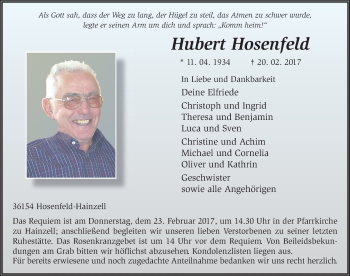 Traueranzeige von Hubert Hosenfeld 