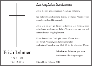 Traueranzeige von Erich Lehmer 