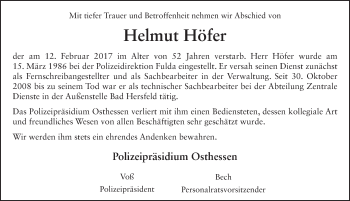 Traueranzeige von Helmut Höfer 