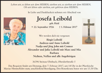 Traueranzeige von Josefa Leibold 