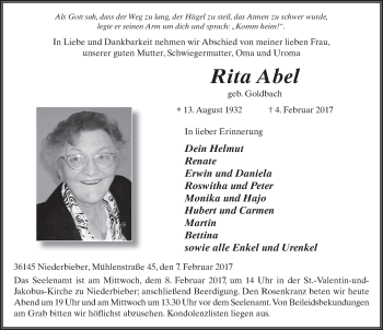 Traueranzeige von Rita Abel 