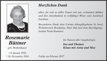 Traueranzeige von Rosemarie Büttner 
