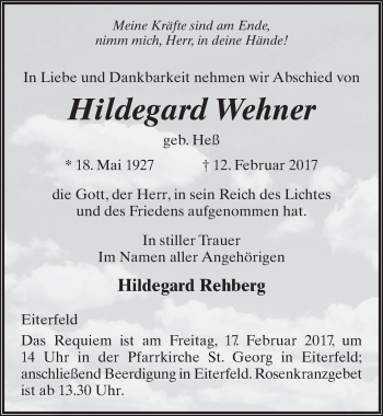 Traueranzeige von Hildegard Wehner 