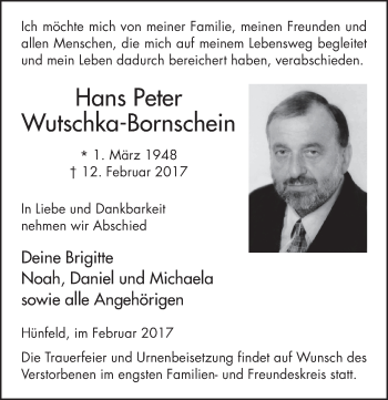 Traueranzeige von Hans Peter Wutschka-Bornschein 