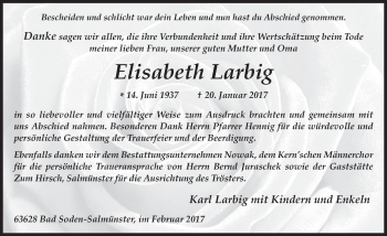 Traueranzeige von Elisabeth Larbig 