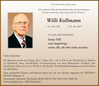 Traueranzeige von Willi Kollmann 