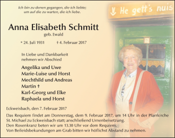 Traueranzeige von Anna Elisabeth Schmitt 