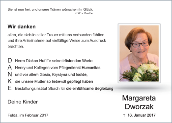 Traueranzeige von Margareta Dworzak 