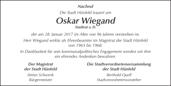 Traueranzeige von Oskar Wiegand 