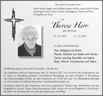 Traueranzeige von Therese Herr 