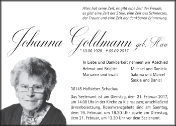 Traueranzeige von Johanna Goldmann 
