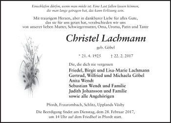 Traueranzeige von Christel Lachmann 