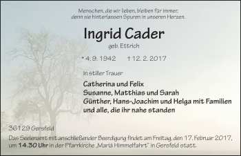 Traueranzeige von Ingrid Cader 