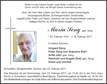 Traueranzeige von Maria Seng 