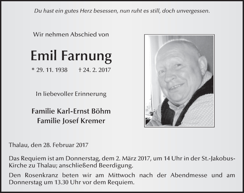  Traueranzeige für Emil Farnung vom 28.02.2017 aus 