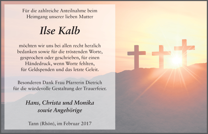  Traueranzeige für Ilse Kalb vom 17.02.2017 aus 