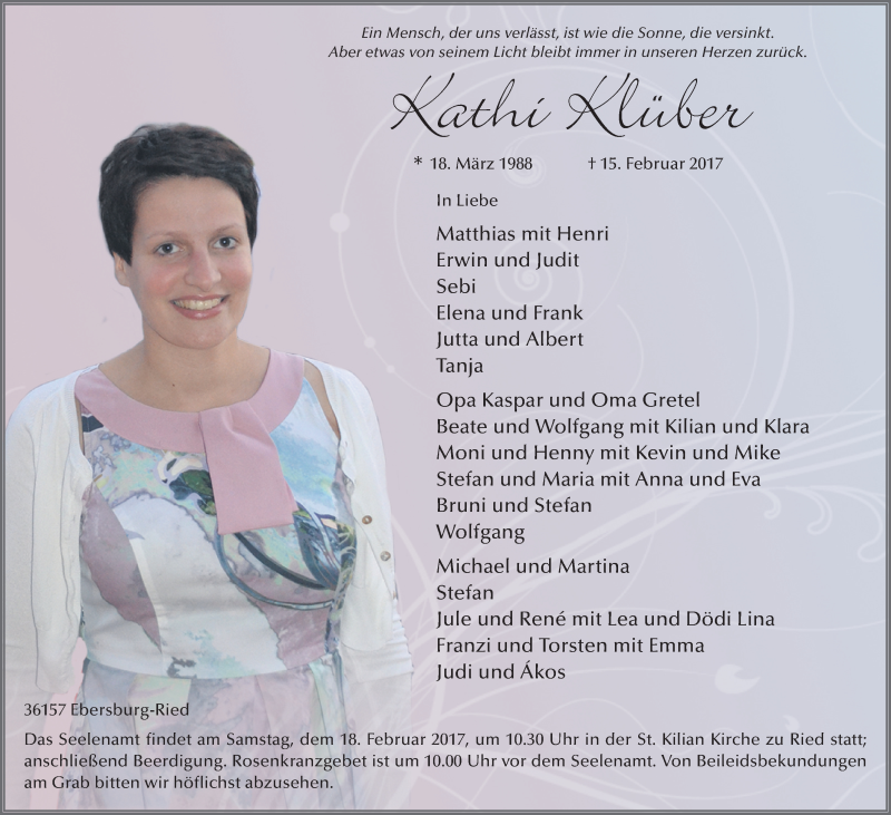  Traueranzeige für Katharina Klüber vom 17.02.2017 aus 
