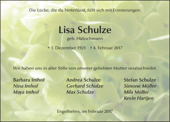 Traueranzeige von Lisa Schulze 