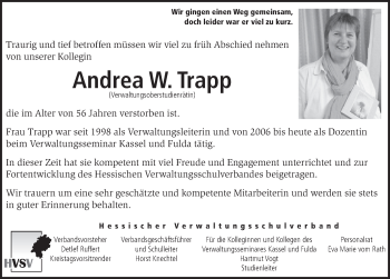 Traueranzeige von Andrea W. Trapp 