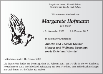 Traueranzeige von Margarete Hofmann 