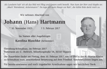 Traueranzeige von Johann Hartmann 