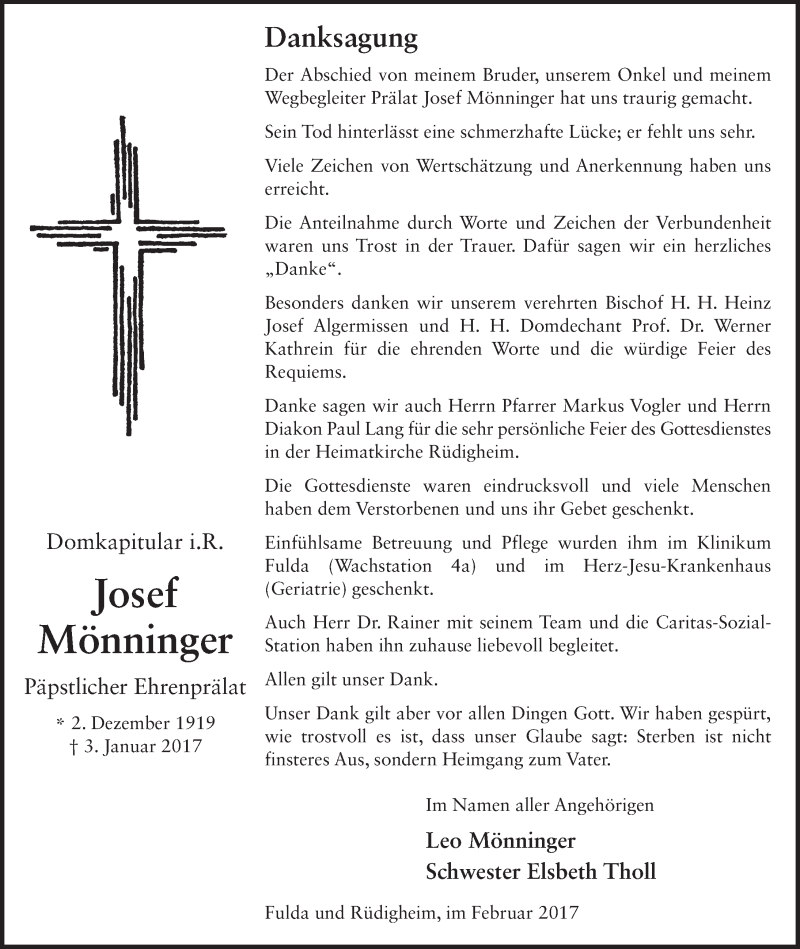  Traueranzeige für Josef Mönninger vom 03.02.2017 aus 