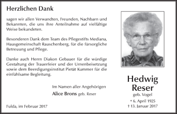 Traueranzeige von Hedwig Reser 