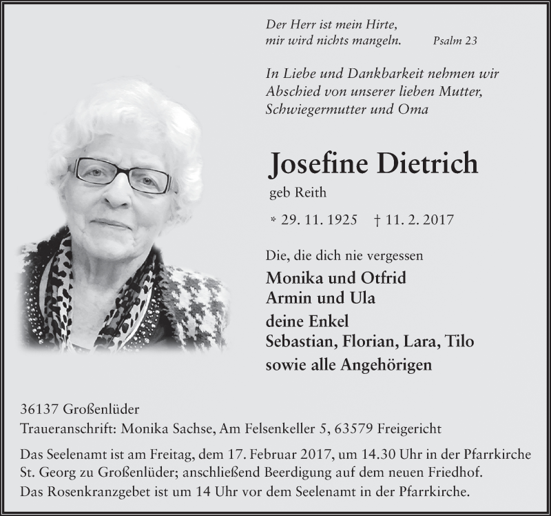  Traueranzeige für Josefine Dietrich vom 15.02.2017 aus 