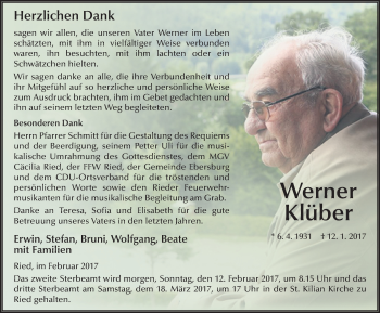 Traueranzeige von Werner Klüber 