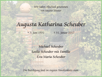 Traueranzeige von Augusta Katharina Scheuber 