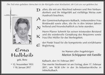 Traueranzeige von Erna Halbleib 