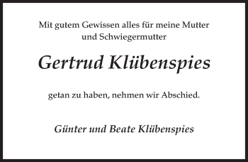 Traueranzeige von Gertrud Klübenspies 