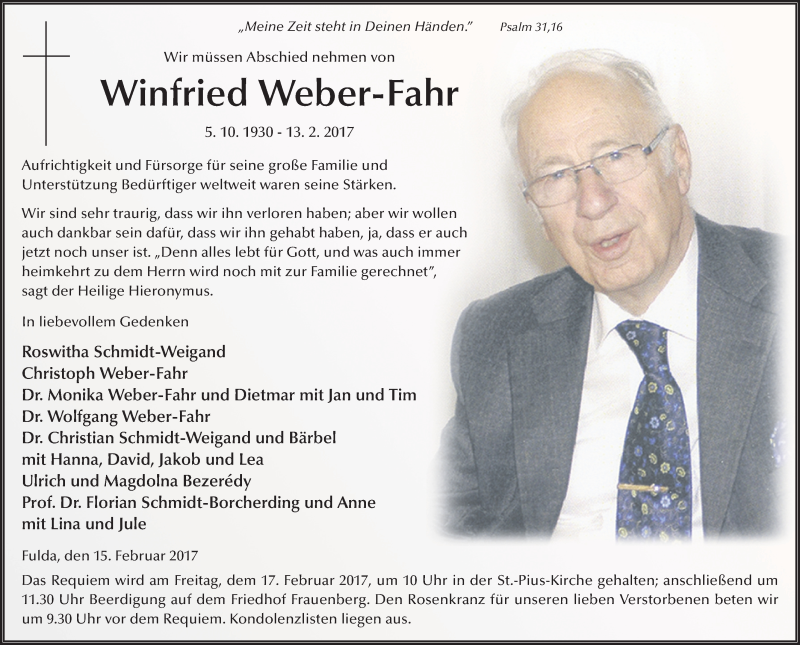  Traueranzeige für Winfried Weber-Fahr vom 15.02.2017 aus 