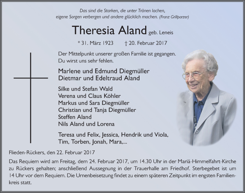  Traueranzeige für Theresia Aland vom 22.02.2017 aus 