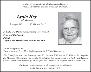 Traueranzeige von Lydia Hey 