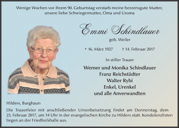 Traueranzeige von Emmi Schindlauer 