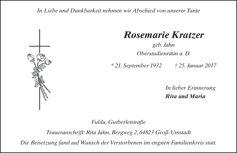  Traueranzeige für Rosemarie Kratzer vom 09.02.2017 aus 
