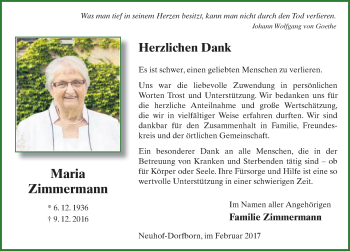 Traueranzeige von Maria Zimmermann 